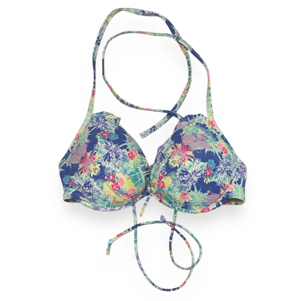 VICTORIA’S SECRET Multi-Color Neon Push-Up Halter Bikini Top 36C Ruffle Edge